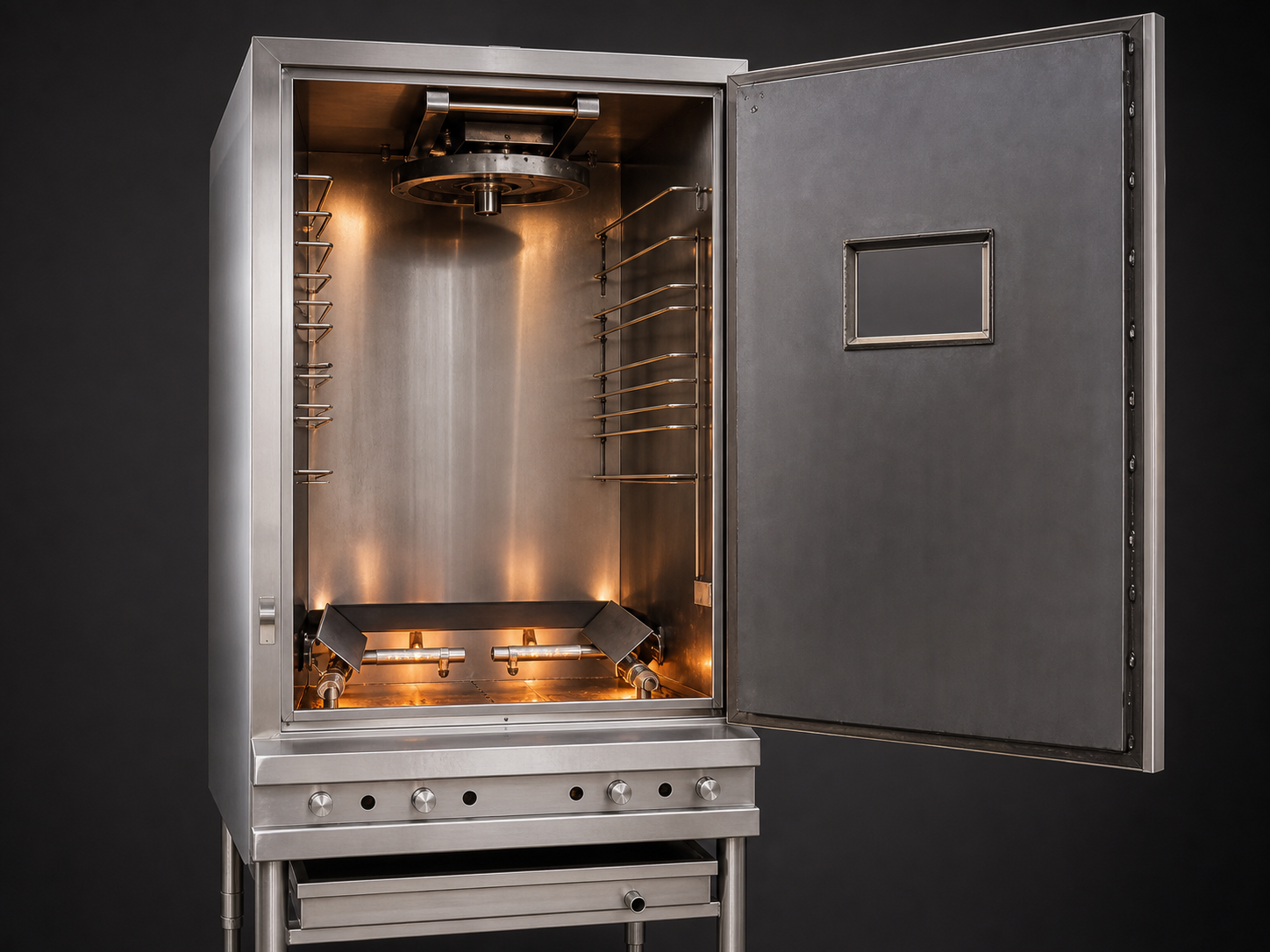 Chinese BBQ oven interior with rack rails and hanging hardware