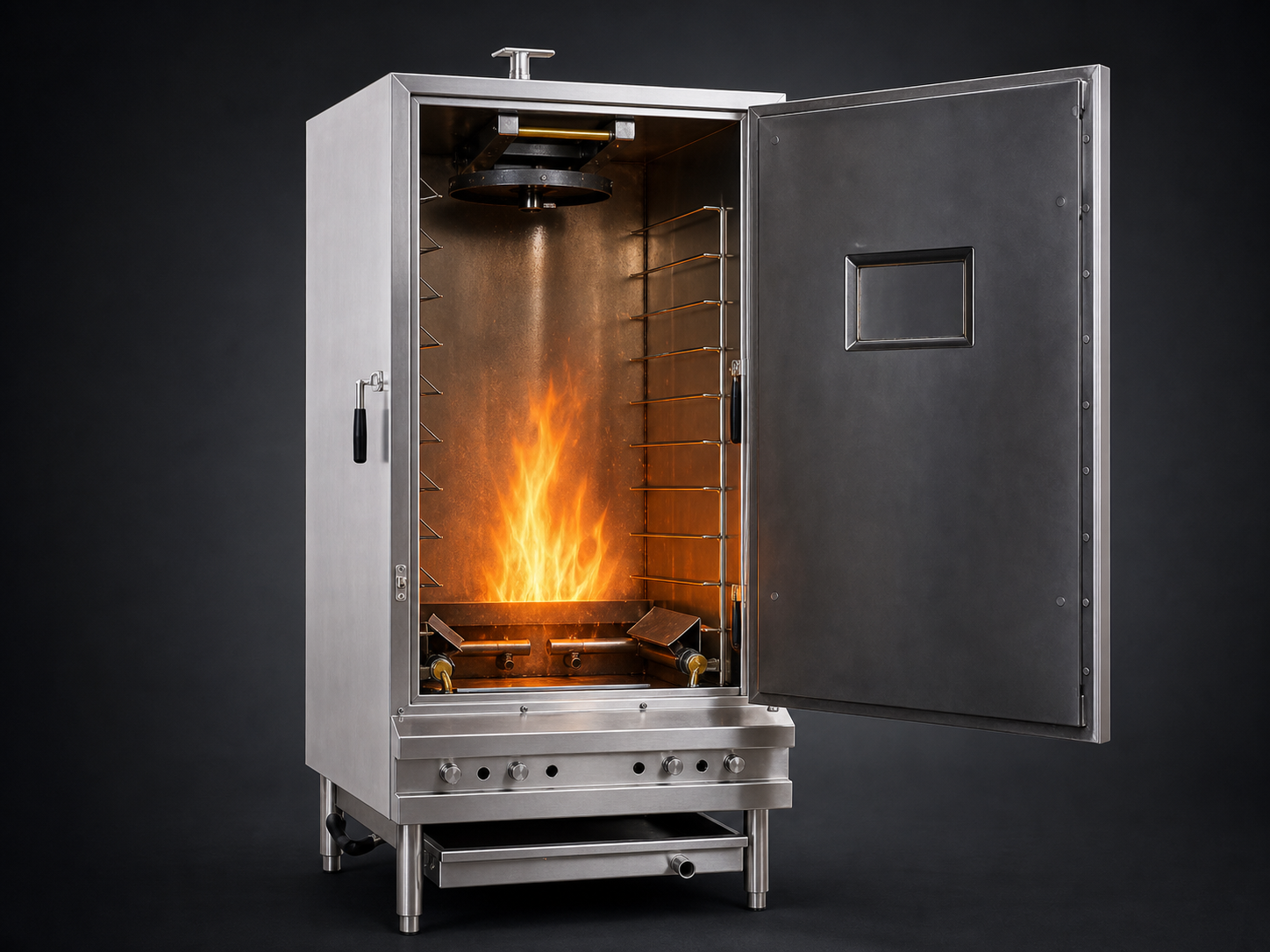 Chinese BBQ oven interior with controlled roasting flames