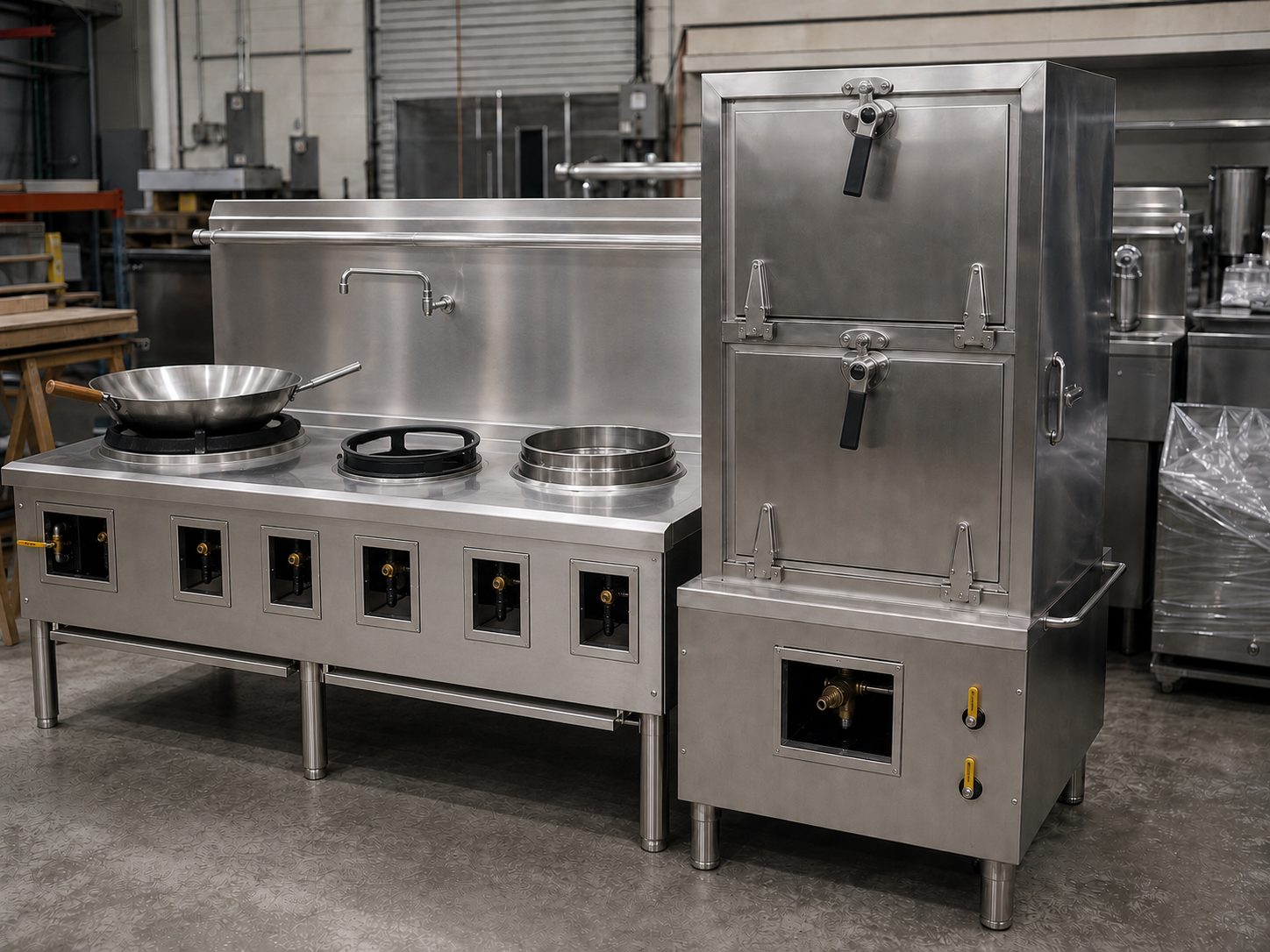 Combination wok range and steamer equipment