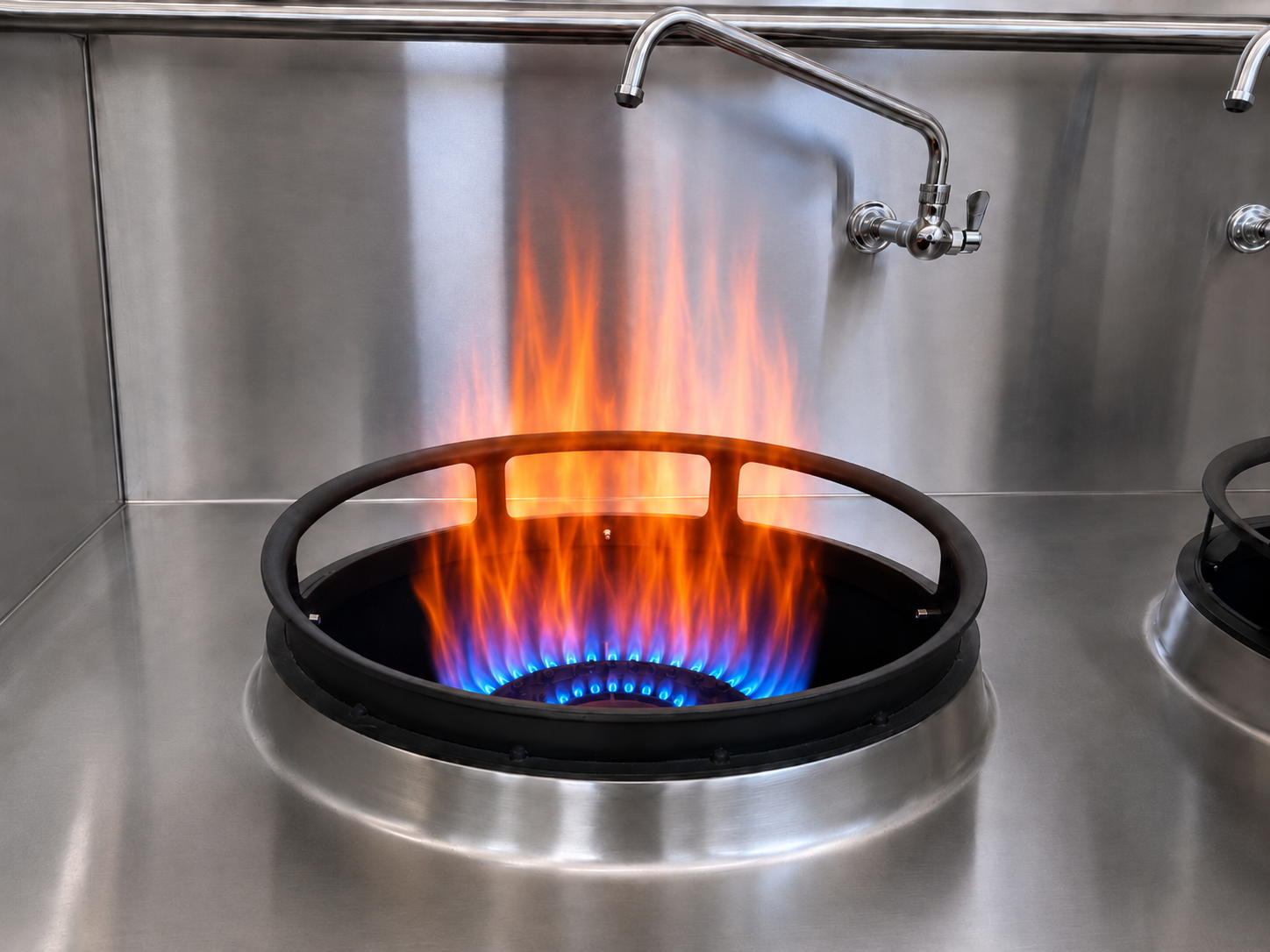 High-BTU burner in a round Chinese wok range well